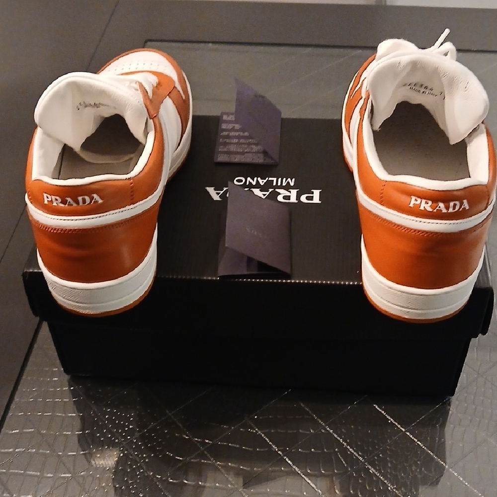 Prada Men's Downtown Low Top White and Orange Sneakers - Picture 3 of 14